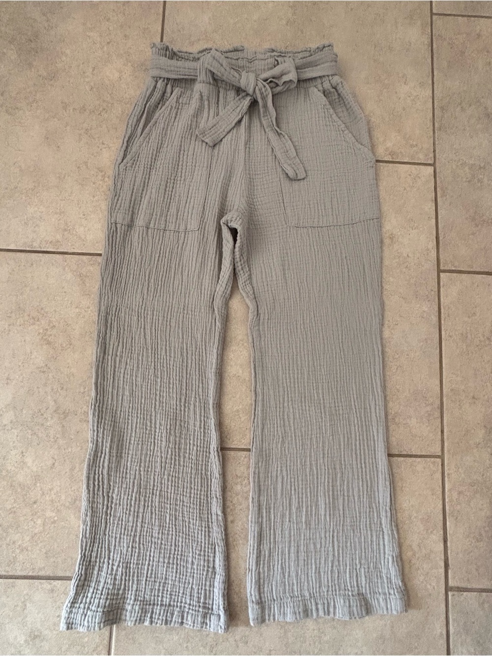 Sincerely Jules Light Gray Textured Wide-Leg Tie-Waist Pants